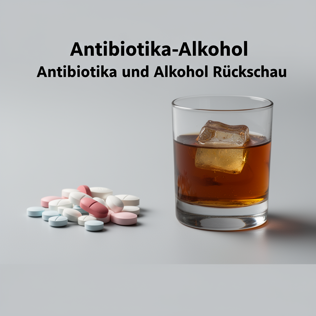 Tabletten und ein Alkoholglas als neutrales Warnsymbol zu Antibiotika und Alkohol.