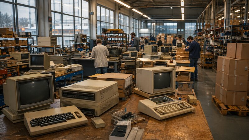 Retrocomputer in einer historischen Werkhalle als Symbolbild für Commodore, C64, Amiga und Braunschweiger Computergeschichte