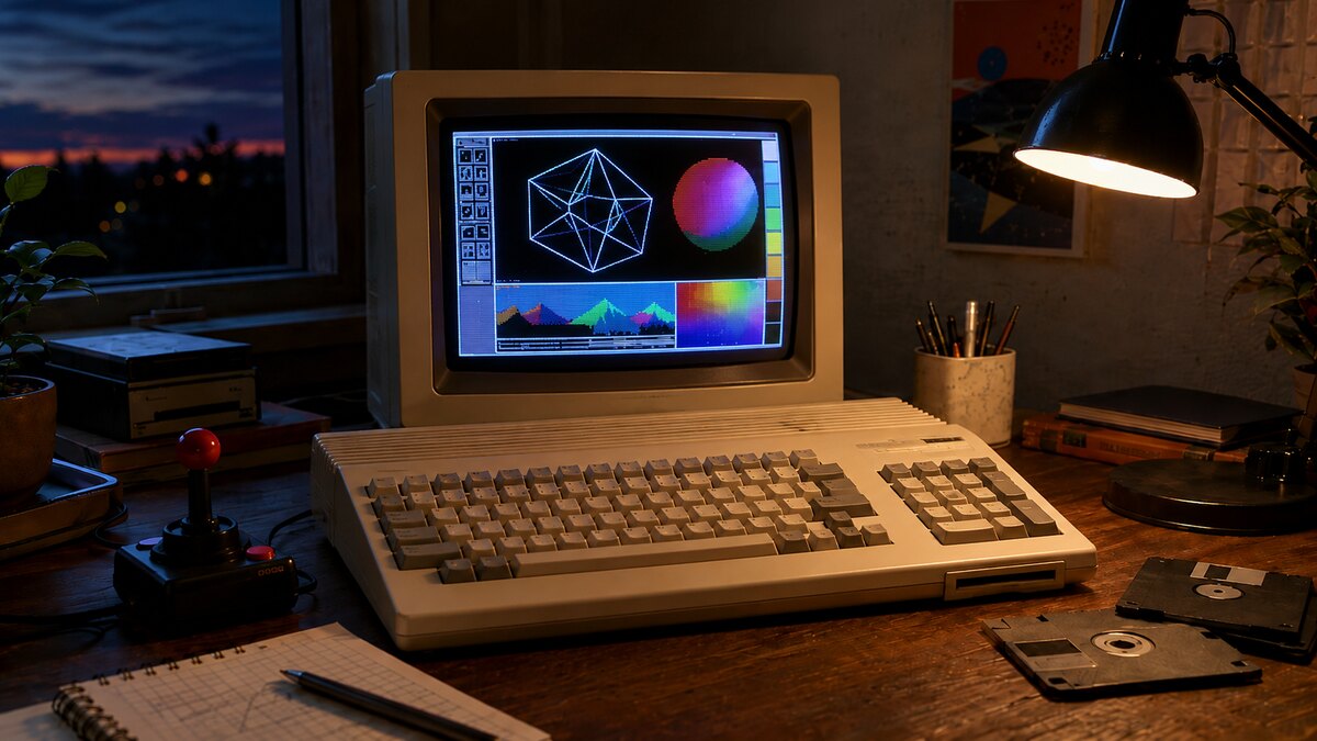 Beigefarbener Heimcomputer mit integrierter Tastatur und Diskettenlaufwerk auf einem Schreibtisch der späten 1980er
