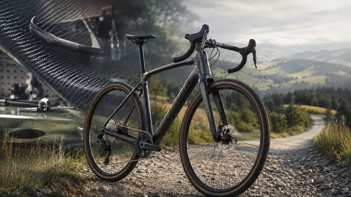 Leichtes Carbon-Gravelbike auf einem Schotterweg als Symbol für Benotti Bikes und deutsche Carbontechnik