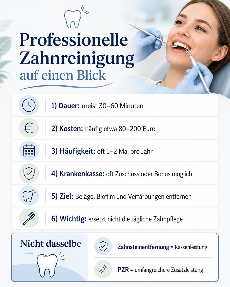 Infografik zur professionellen Zahnreinigung mit Dauer, Kosten, Häufigkeit, Krankenkassenzuschuss und Behandlungsziel