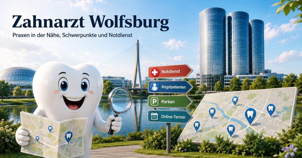 Illustration zur Zahnarztsuche in Wolfsburg mit Zahn, Stadtansicht, Karte und Wegweisern zu Notdienst, Parken und Online-Termin
