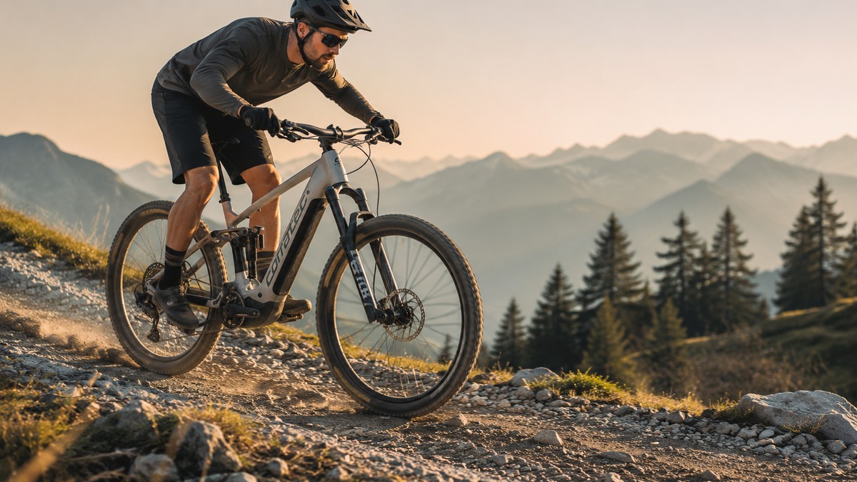 Corratec E-Mountainbike auf einem alpinen Trail im Abendlicht