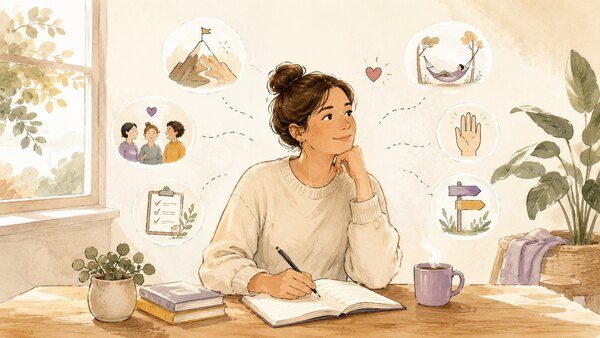 Eine Frau schreibt nachdenklich in ein Notizbuch, umgeben von Symbolen für Resilienz, Selbstfürsorge, Unterstützung und Erholung.