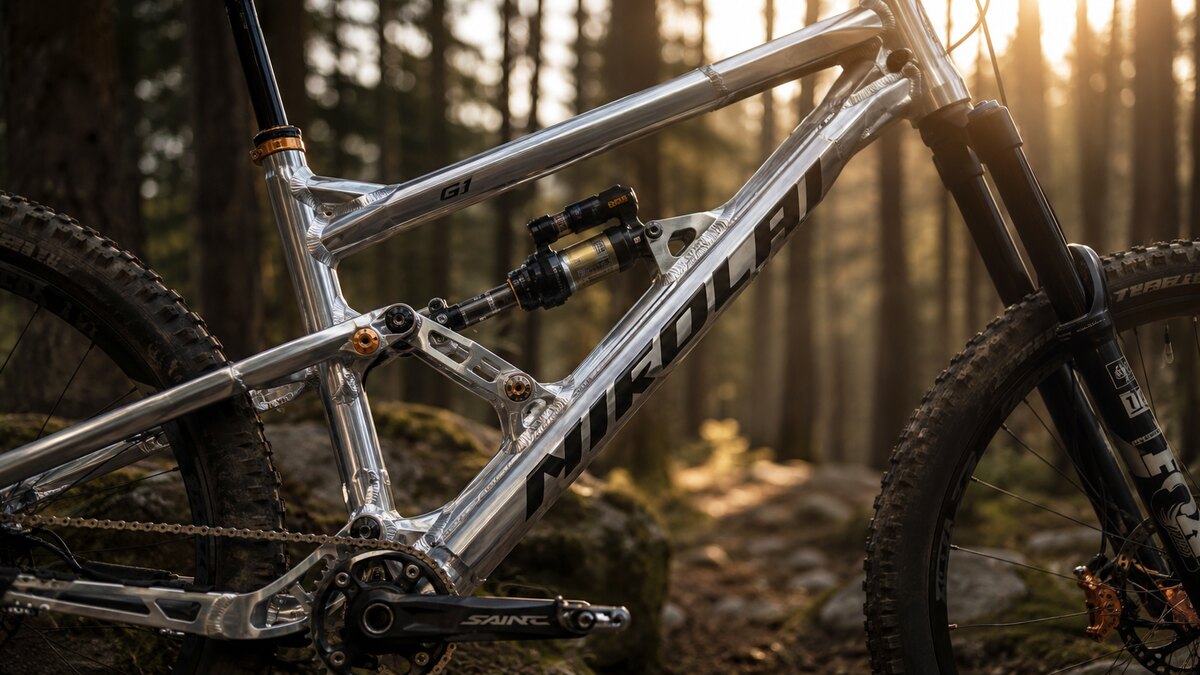Nicolai G1 Enduro Mountainbike mit sichtbaren 7020 Aluminium Schweißnähten auf einem Trail