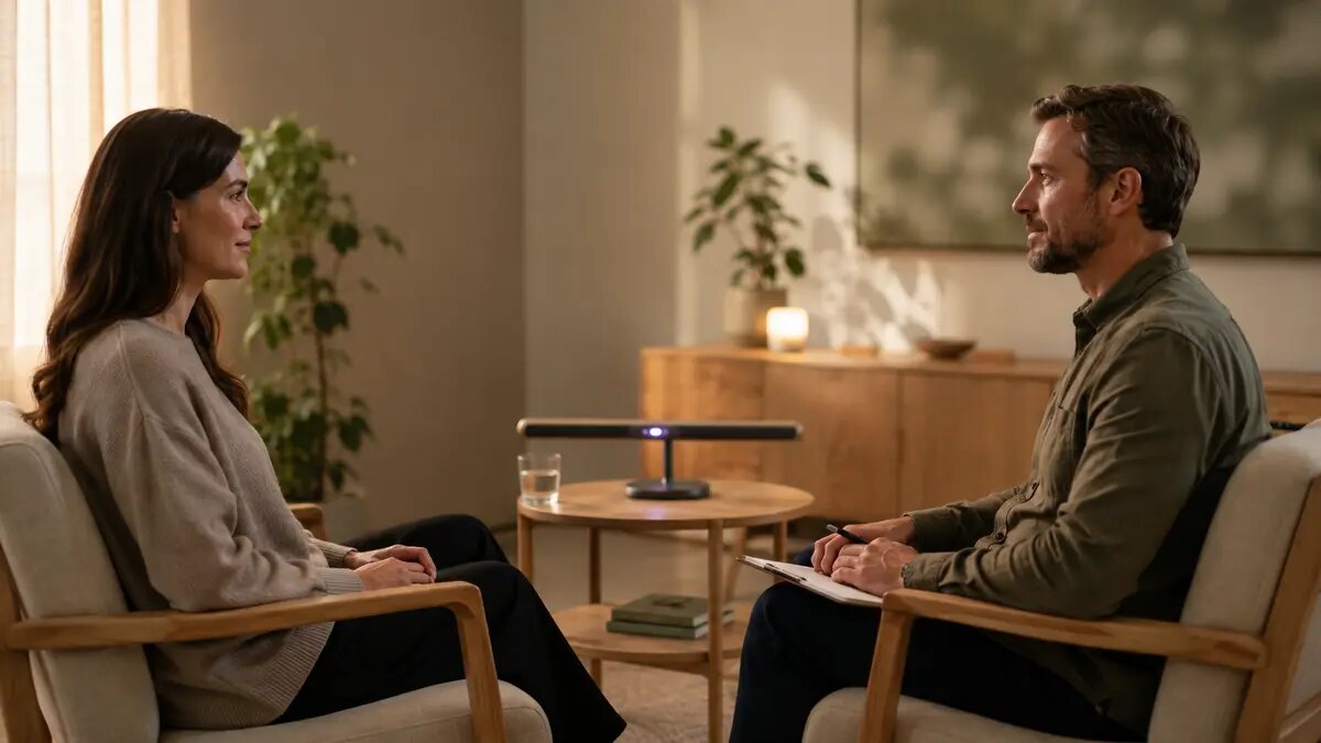 EMDR-Sitzung mit Therapeut und Patientin bei der bilateralen Lichtstimulation