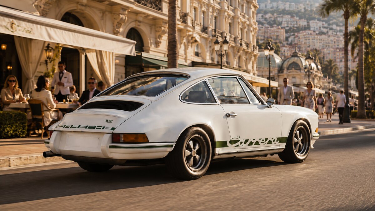 Porsche 911 Carrera RS 2.7 im Abendlicht auf der Flaniermeile Monte Carlo