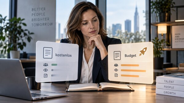 Personalverantwortliche vergleicht kostenlose Stellenanzeige und bezahltes Recruiting-Budget