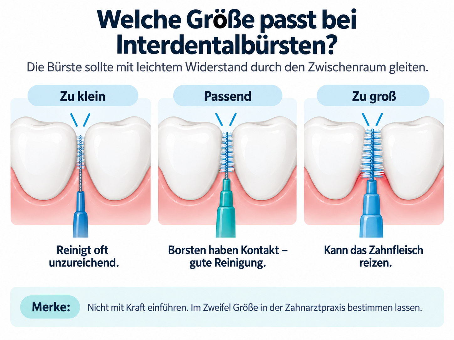 Vergleich einer zu kleinen, passenden und zu großen Interdentalbürste im Zahnzwischenraum