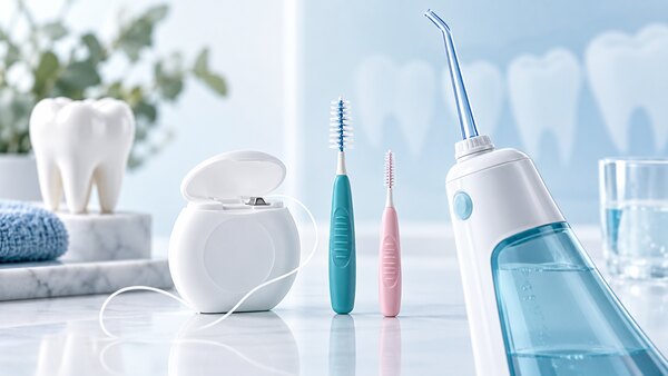 Zahnseide, Interdentalbürsten und Munddusche als Hilfsmittel zur Reinigung der Zahnzwischenräume