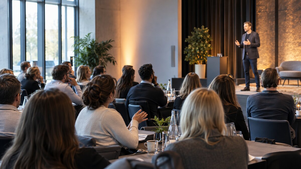 Publikum hört einem Redner auf einer Konferenz zu