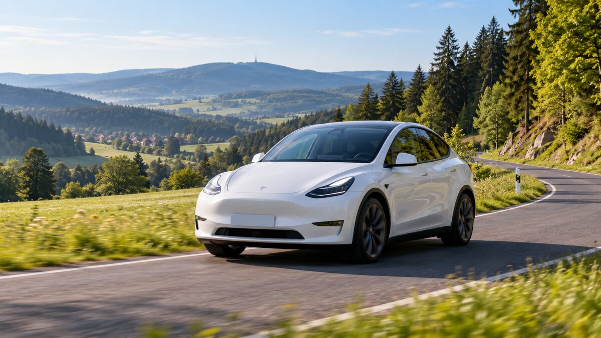 Weißes Tesla Model Y fährt auf einer Landstraße durch die hügelige, grüne Landschaft des Harzes.