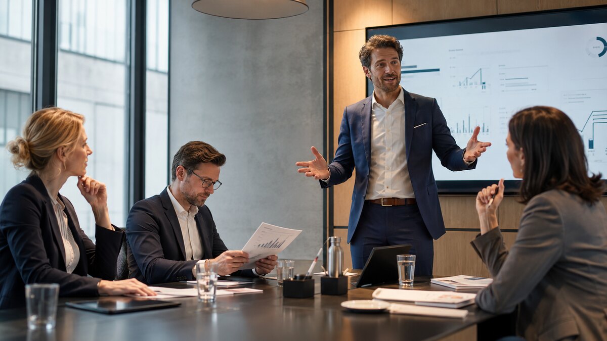 Selbstbewusster Präsentator im Meeting, während Kollegen seine Unterlagen kritisch prüfen.