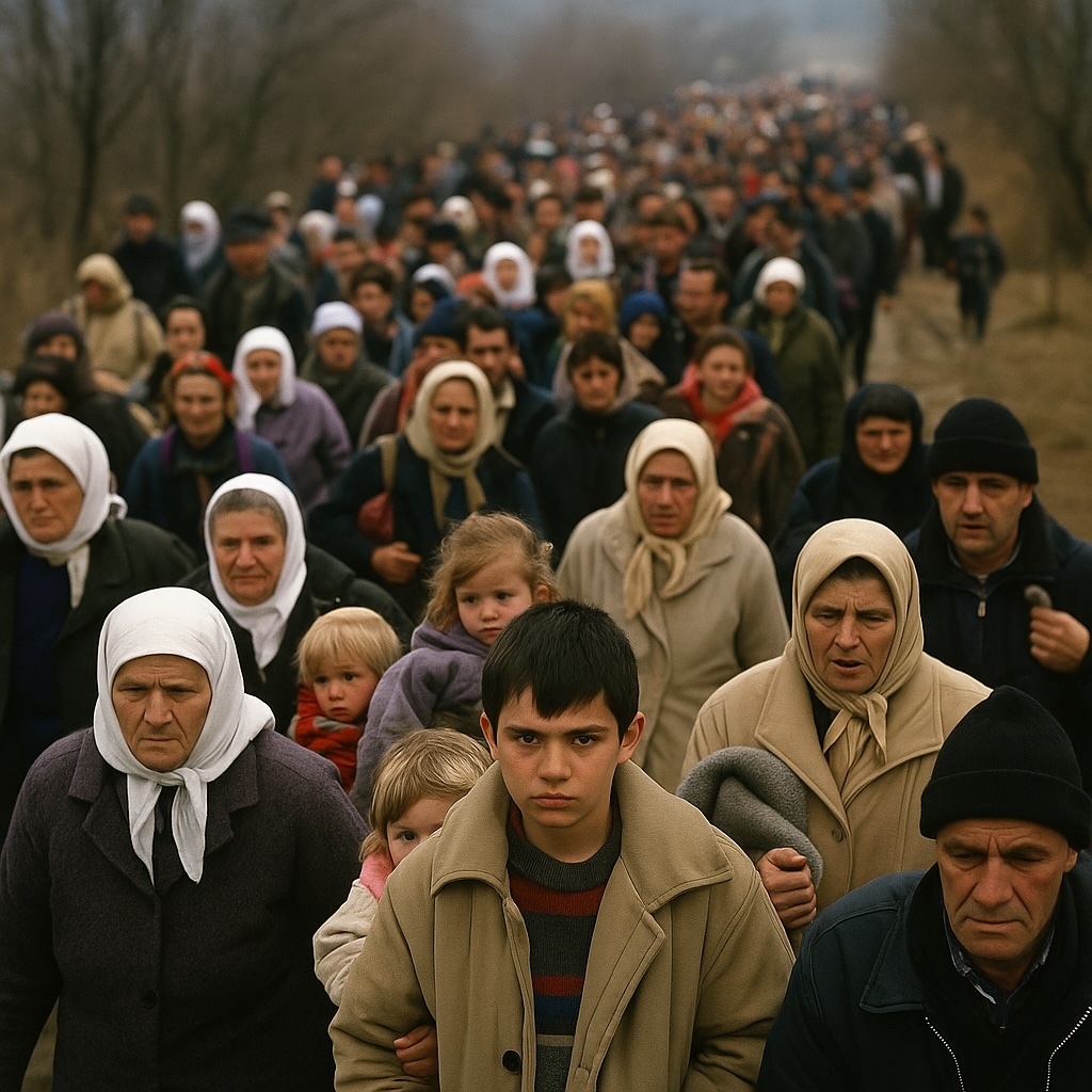 Kosovo-Albanische Flüchtlinge auf der Flucht im Jahr 1999, gehend auf einer staubigen Straße mit wenigen Habseligkeiten