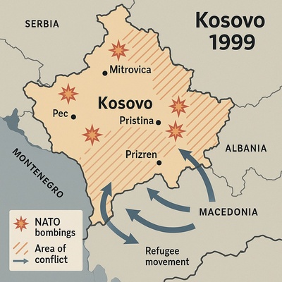 Digitale Karte des Kosovo während des Jahres 1999 mit farblich hervorgehobenen Konfliktzonen und Nachbarstaaten