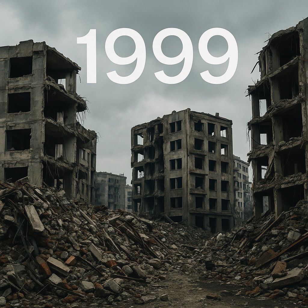 Zerstörte Gebäude im Kosovo im Jahr 1999 – Ruinen mit Trümmern unter einem düsteren Himmel, symbolisch für den Krieg