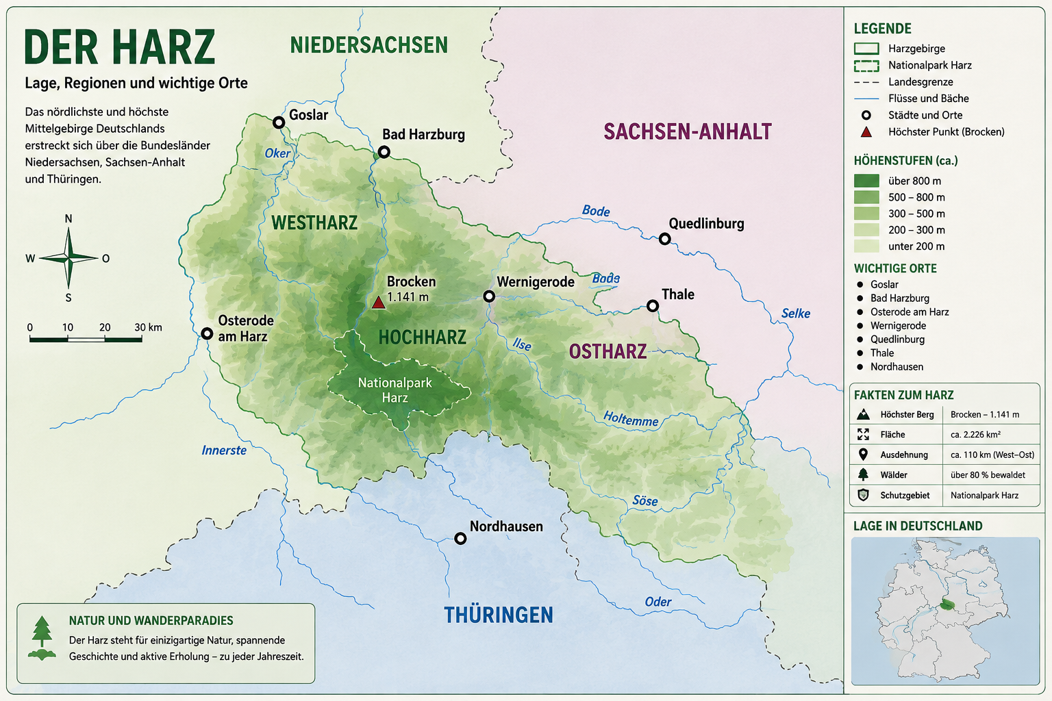 Karte des Harzes mit Niedersachsen, Sachsen-Anhalt, Thüringen, Brocken, Westharz, Ostharz und wichtigen Städten