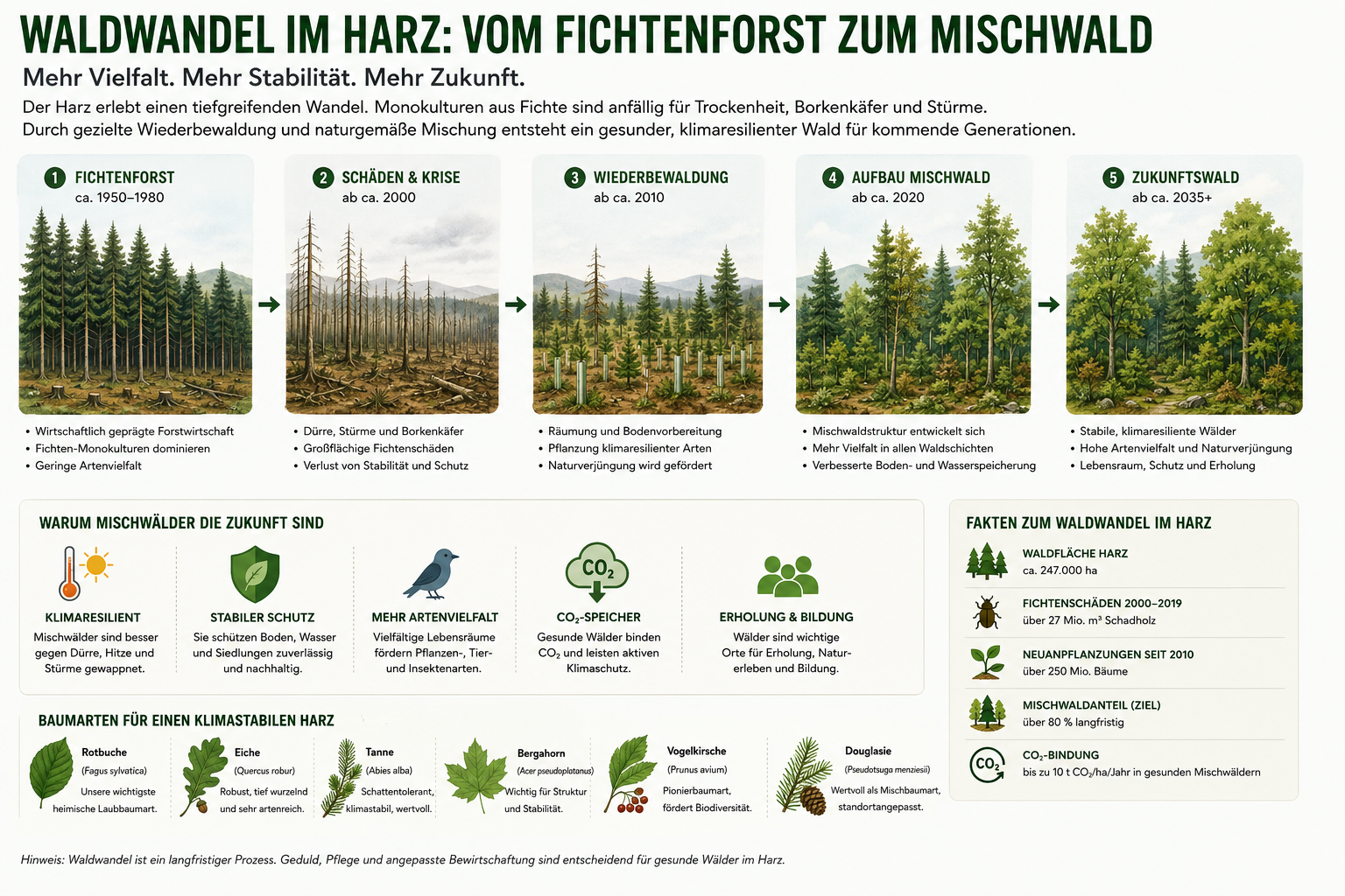 Infografik zum Waldwandel im Harz vom Fichtenforst über Waldschäden und Wiederbewaldung zum klimaresilienten Mischwald