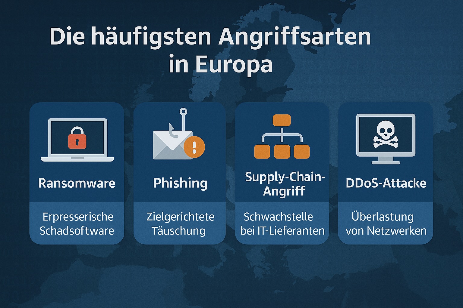 Infografik zeigt die häufigsten Cyberangriffe der letzten Jahre wie WannaCry, NotPetya und SolarWinds