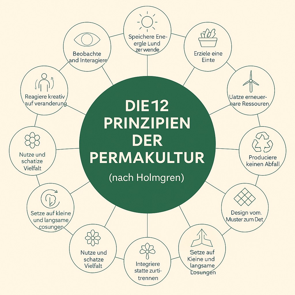 Die 12 Prinzipien der Permakultur nach David Holmgren als grafische Übersicht