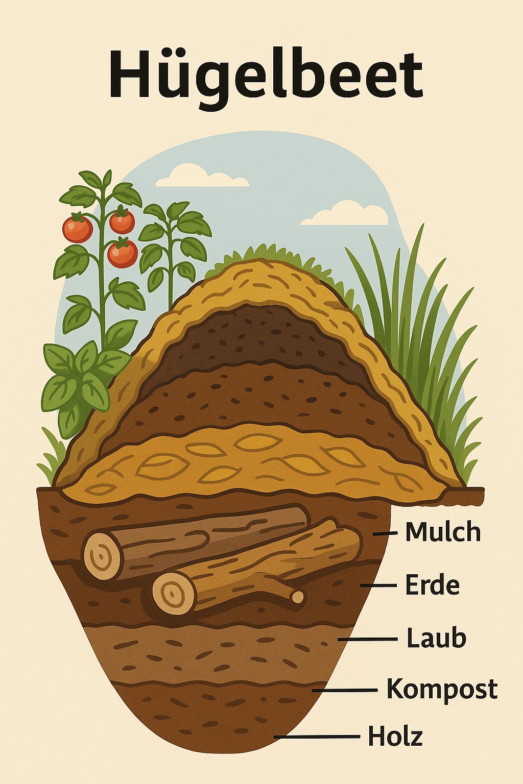 Querschnitt eines Hügelbeets mit Schichten aus Holz, Kompost, Laub, Erde und Mulch