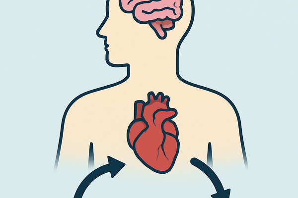 Illustration eines Menschen mit Gehirn und Herz, die Wechselwirkung zwischen Seele und Körper bei psychosomatischen Erkrankungen darstellt