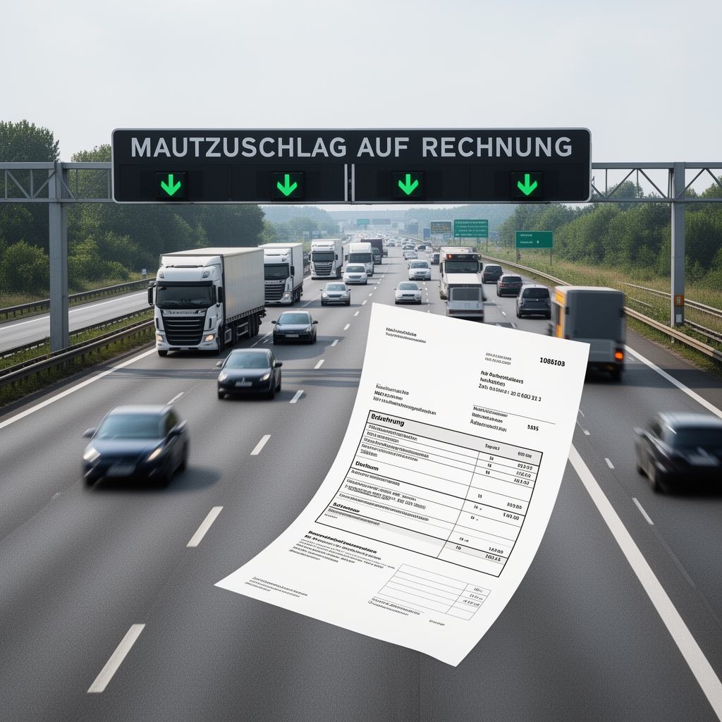 Autobahn mit Lkw-Verkehr und symbolischer Rechnung als Motiv für Mautkosten.