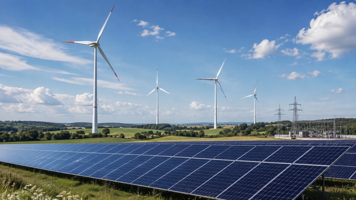 Windkraftanlagen, Photovoltaik und Stromnetz als Beispiele für erneuerbare Energien in Deutschland