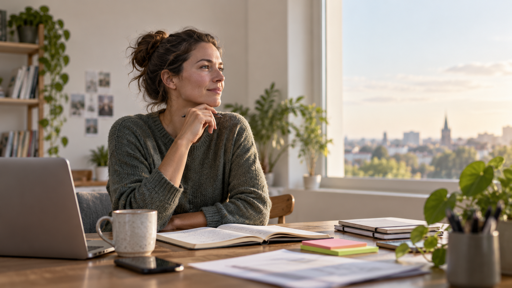 Eine Frau sitzt nachdenklich an einem Schreibtisch und blickt ruhig aus dem Fenster. Das Bild steht symbolisch für Coping, Einordnung und bewusste Stressbewältigung.
