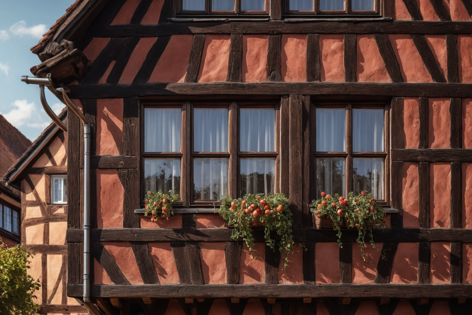 Fachwerkfassade mit dunklen Holzbalken und rotem Backstein