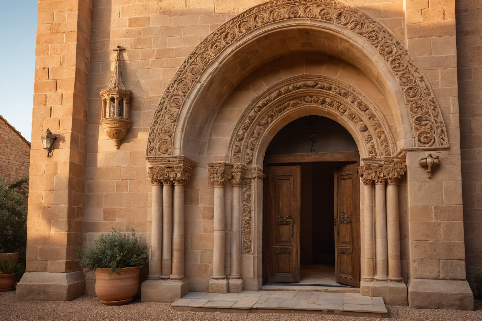 Romanisches Kirchenportal aus Sandstein mit rundem Bogen und verzierten Säulen
