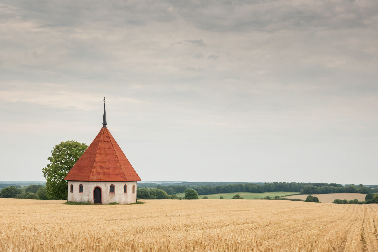 Kleine Kapelle mit rotem Ziegeldach in einem reifen Weizenfeld, dahinter flache Felder und ein Waldstreifen