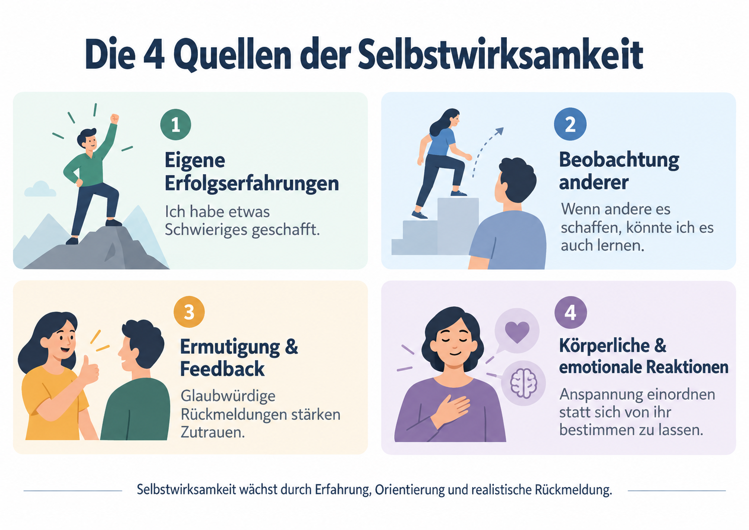 Infografik zu den vier Quellen der Selbstwirksamkeit: eigene Erfolgserfahrungen, Beobachtung anderer, Ermutigung und Feedback sowie körperliche und emotionale Reaktionen.