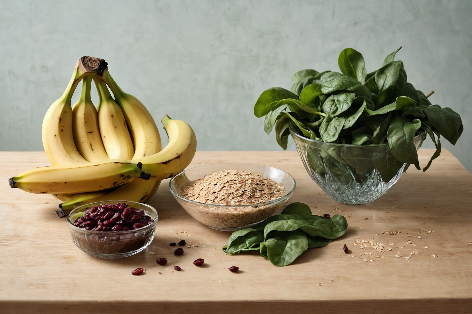 Bananen, Spinat, Haferflocken, Kidneybohnen und ein Glas Mineralwasser auf einem hellen Holztisch