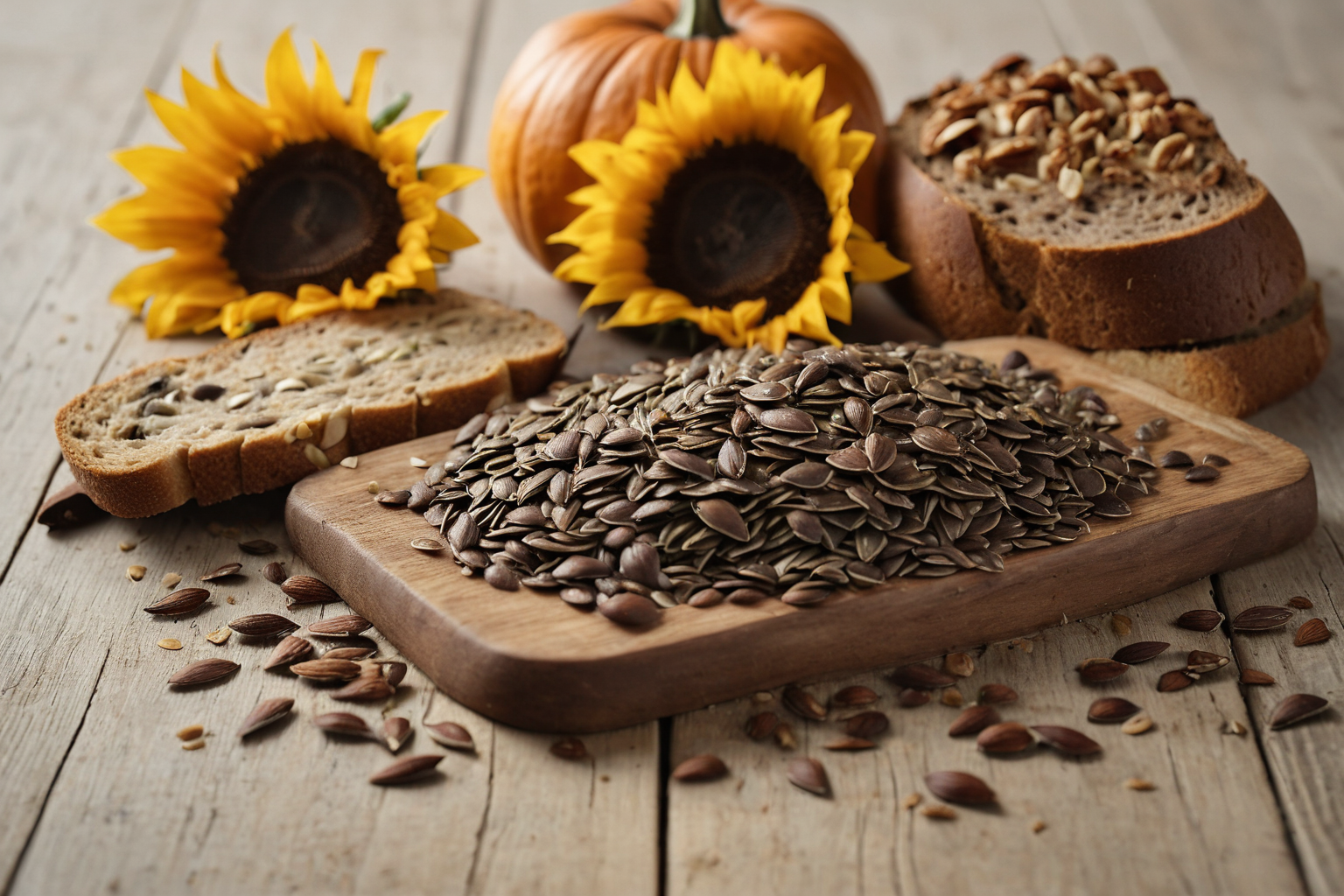 Kürbiskerne, Sonnenblumenkerne, Mandeln, Walnüsse und Zartbitterschokolade auf einem hellen Holztisch