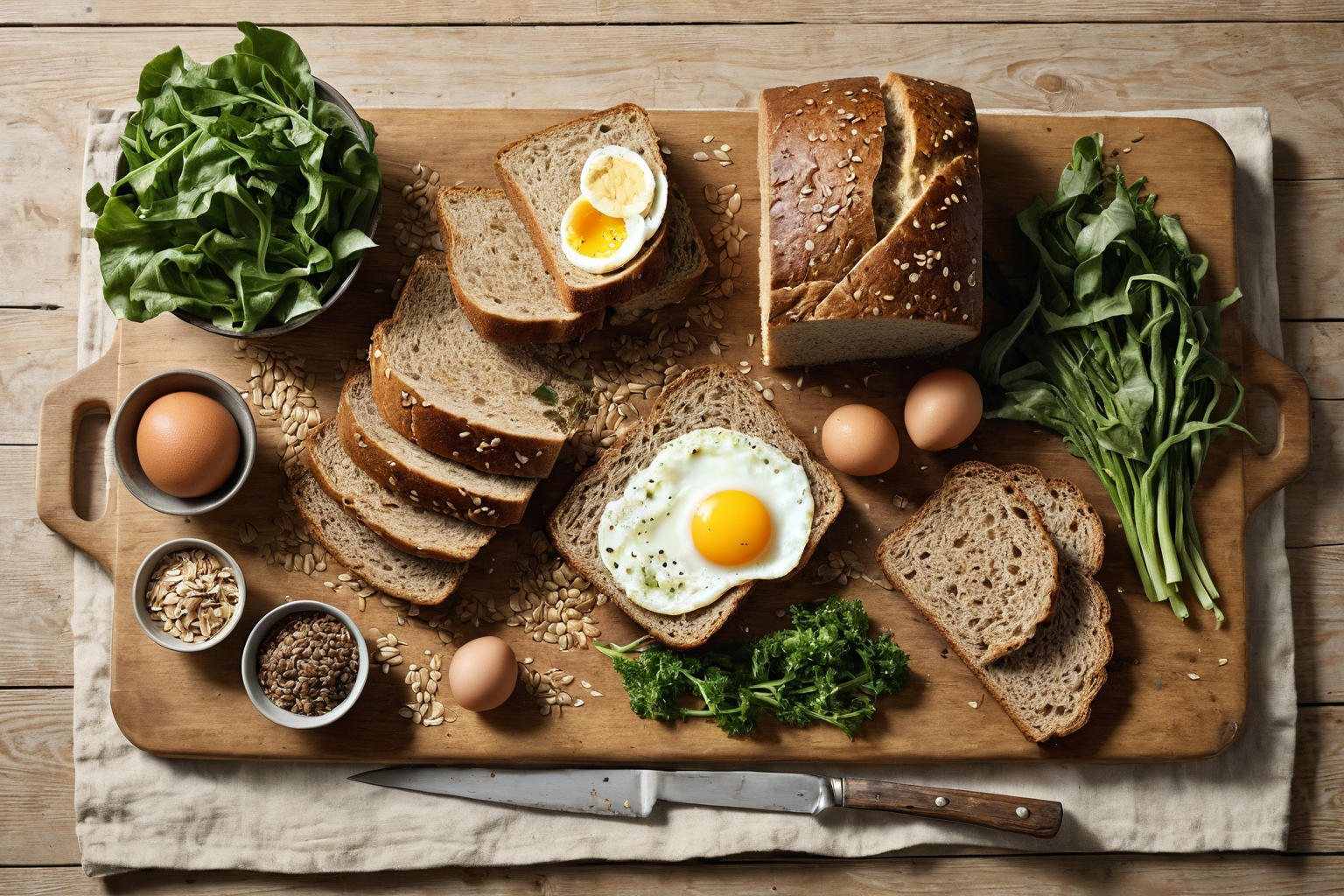 Vollkornbrot, Eier, Haferflocken, Samen und grünes Blattgemüse auf einem Holzbrett