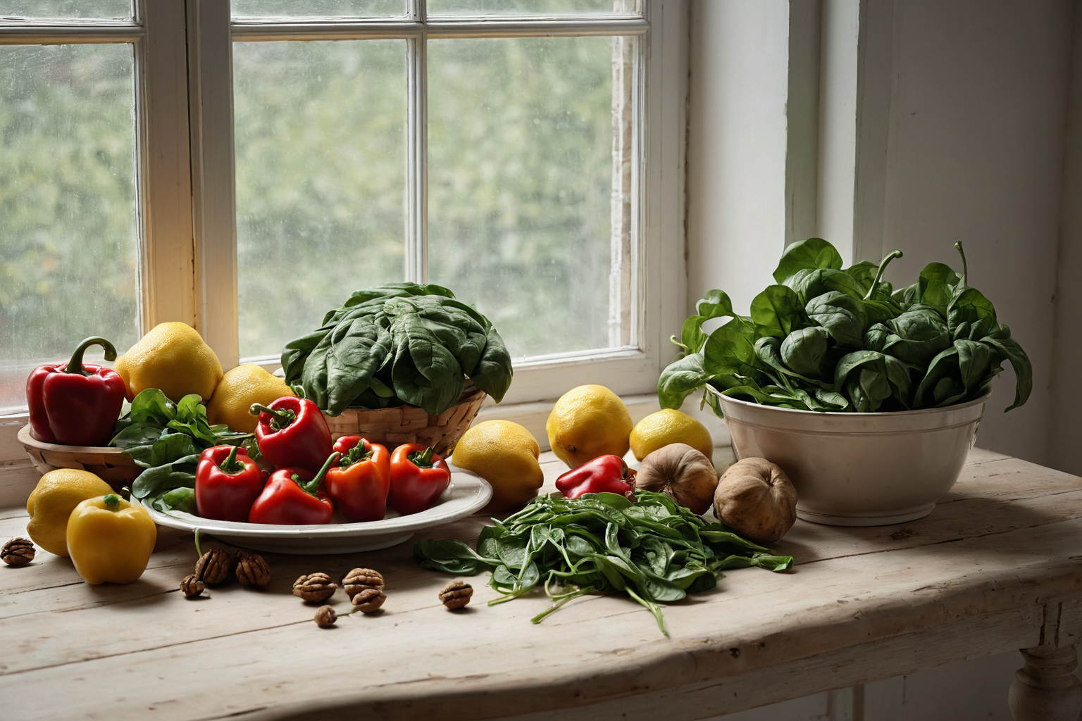 Frisches Gemüse und Obst auf einem hellen Holztisch am Fenster: Paprika, Spinat, Zitrone und Walnüsse